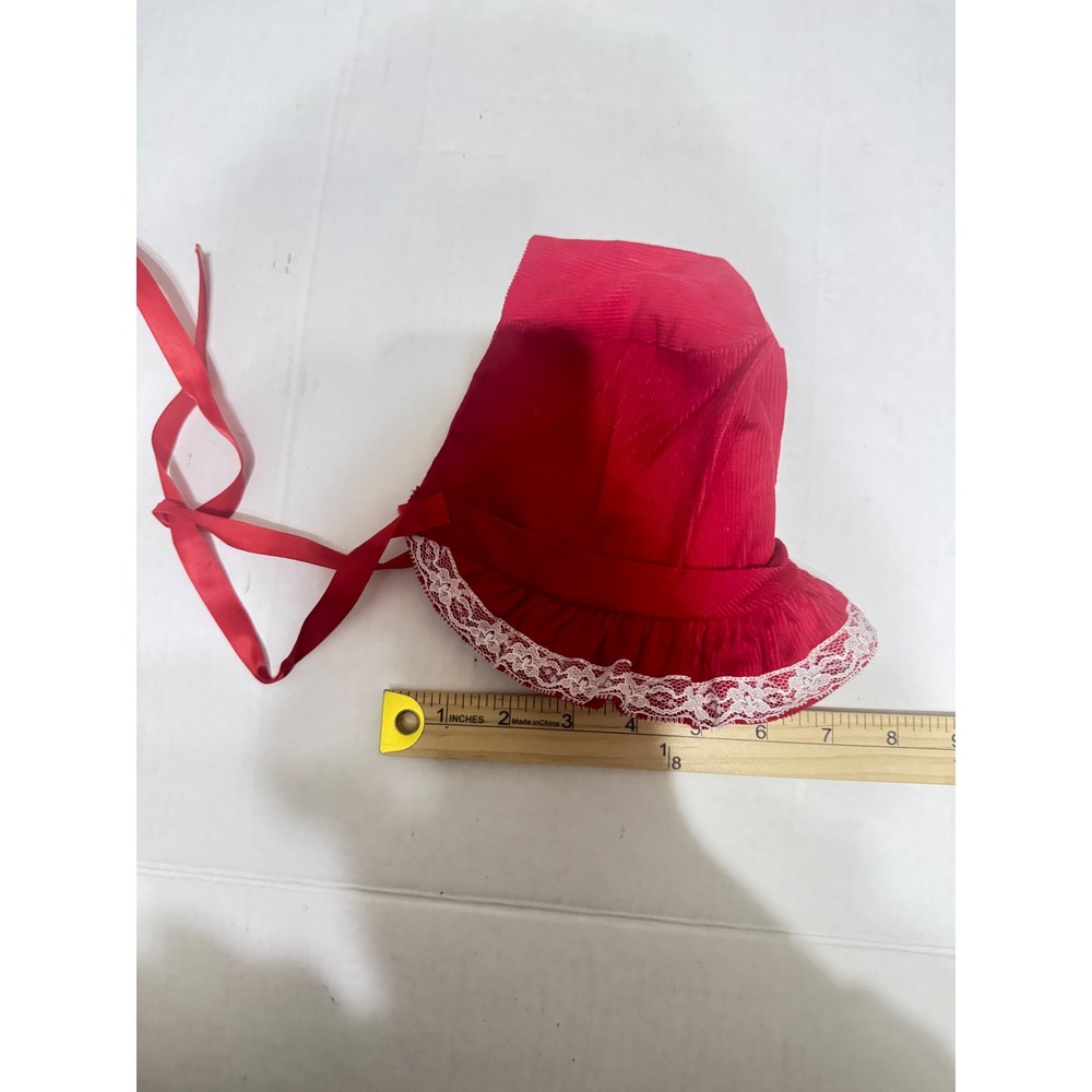 Vintage Red Corduroy Baby Bonnet Lace Trim Ruffle Ribbon Tie Infant Sun Hat